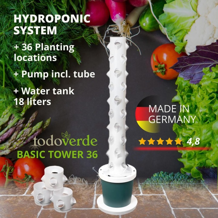Hydroponisches System, Pflanzenturm mit 36 Pflanzplätzen